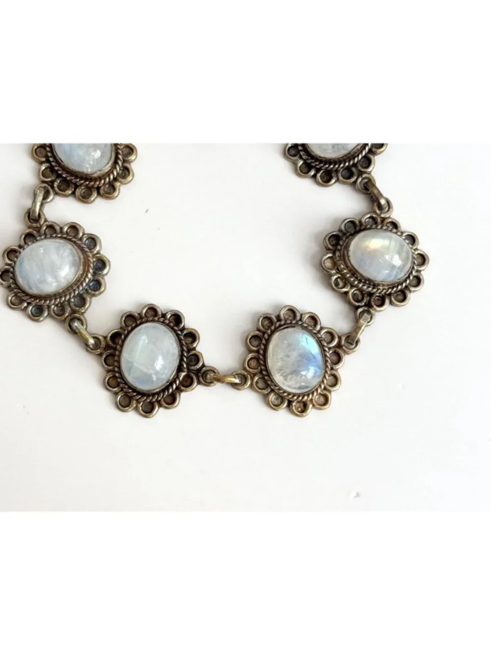 Iridescent Moonstone Vermeil Floral Sterling Silver 925 Vintage Bracelet